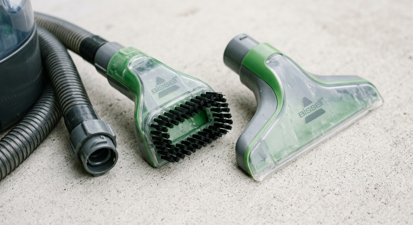 How Do You Use a Bissell Little Green Carpet Cleaner? (Step-by-Step Guide) Comparison of the brush nozzle and upholstery tool for the Bissell Little Green.