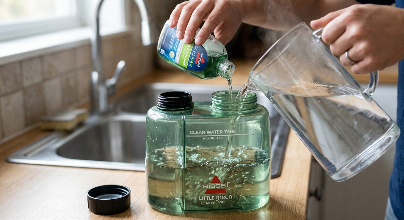 How Do You Use a Bissell Little Green Carpet Cleaner? (Step-by-Step Guide) Filling the Bissell Little Green tank with warm water and cleaning solution.