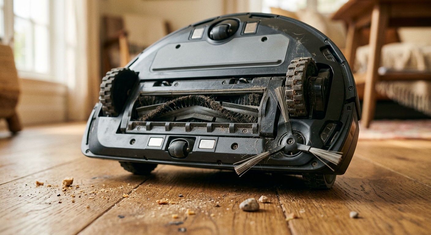 What Is the Best Robot Vacuum? (Comprehensive Buyer Guide) Close-up view of the underside of a robot vacuum showing its roller brush and wheels on a wooden floor