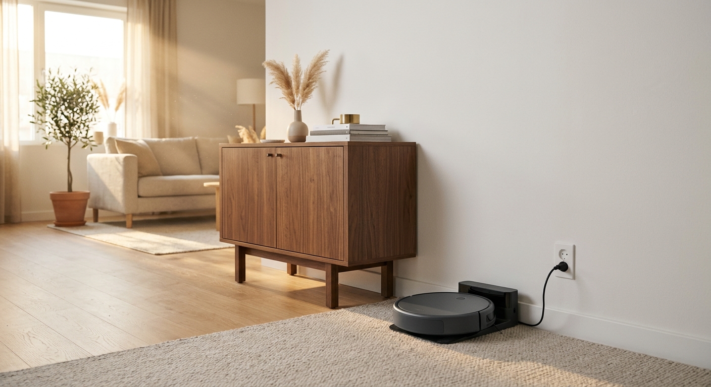 What Is the Best Robot Vacuum? (Comprehensive Buyer Guide) A round robot vacuum resting beside its dock in a warm minimalist living room
