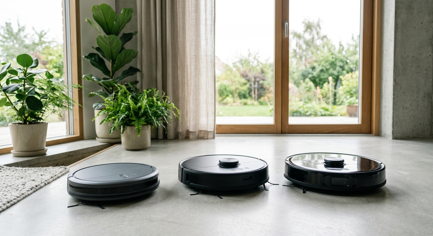 What Is the Best Robot Vacuum? (Comprehensive Buyer Guide) Three differently sized robot vacuums of various shapes lined up on a polished concrete floor