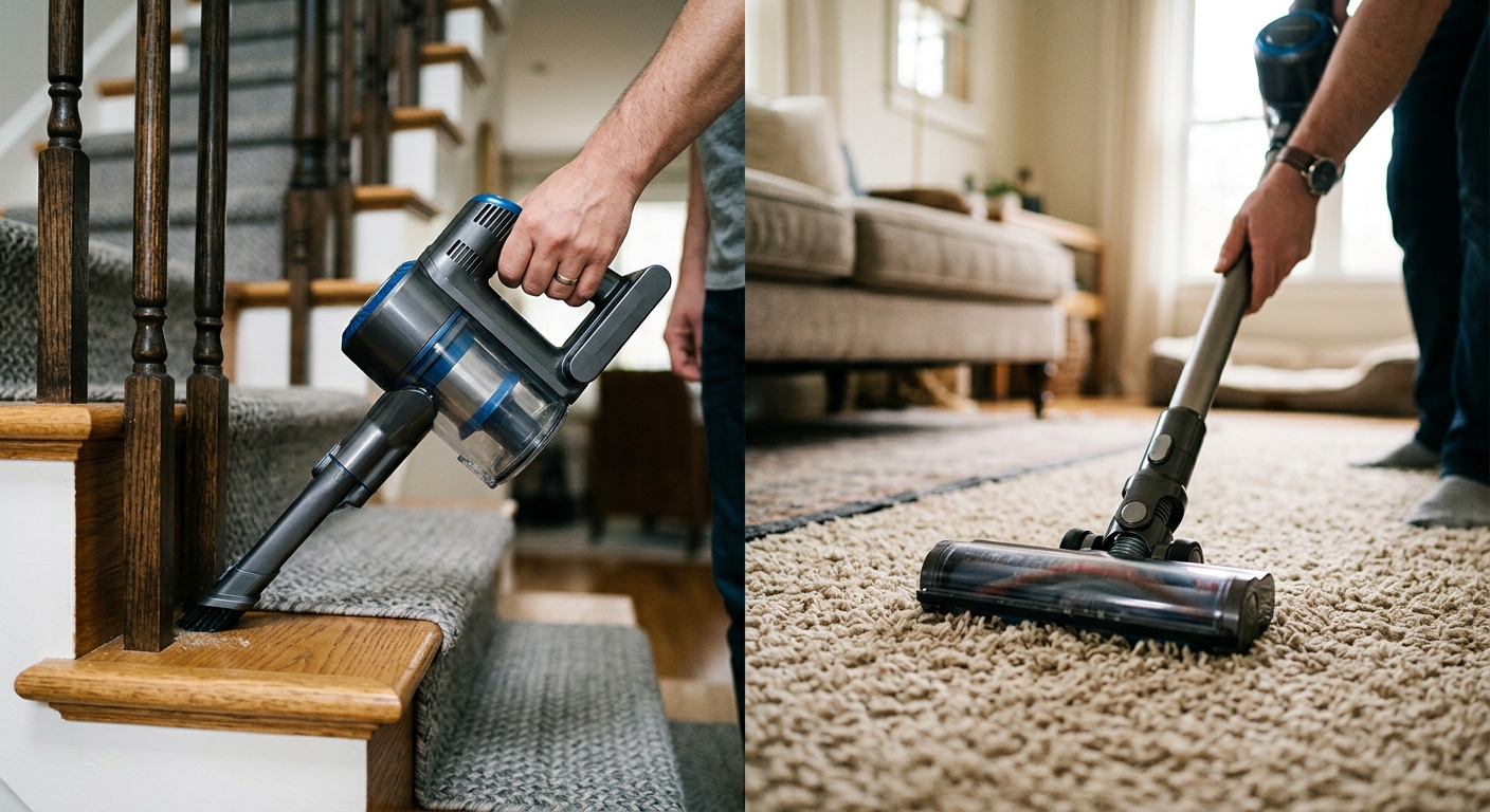 What Is the Best Cordless Vacuum? (Key Factors & Buyer Guide) Split-scene photo contrasting a cordless vacuum on stairs with one on thick carpet