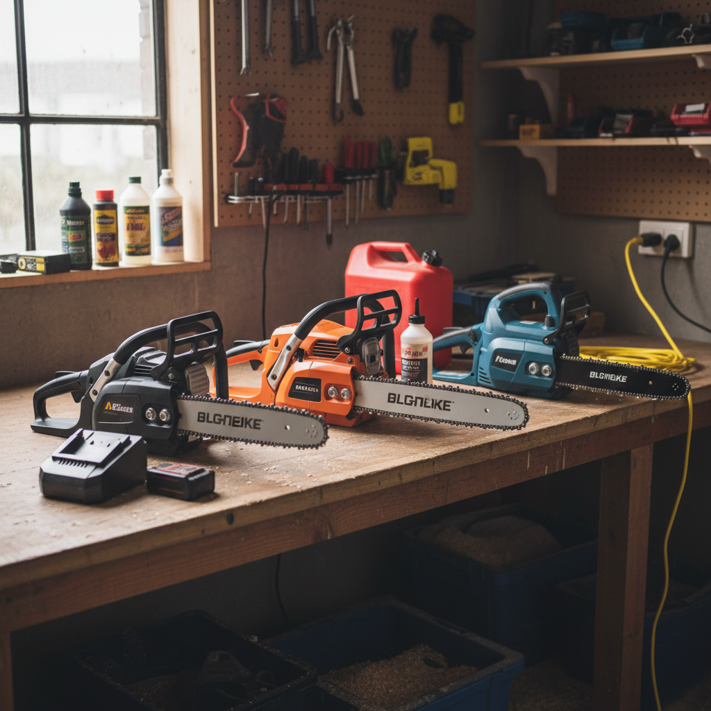 Three types of chainsaws compared: battery-powered, gas-powered, and corded electric models