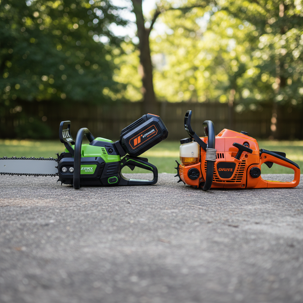 A battery-powered chainsaw and a gas-powered chainsaw placed side-by-side for comparison.