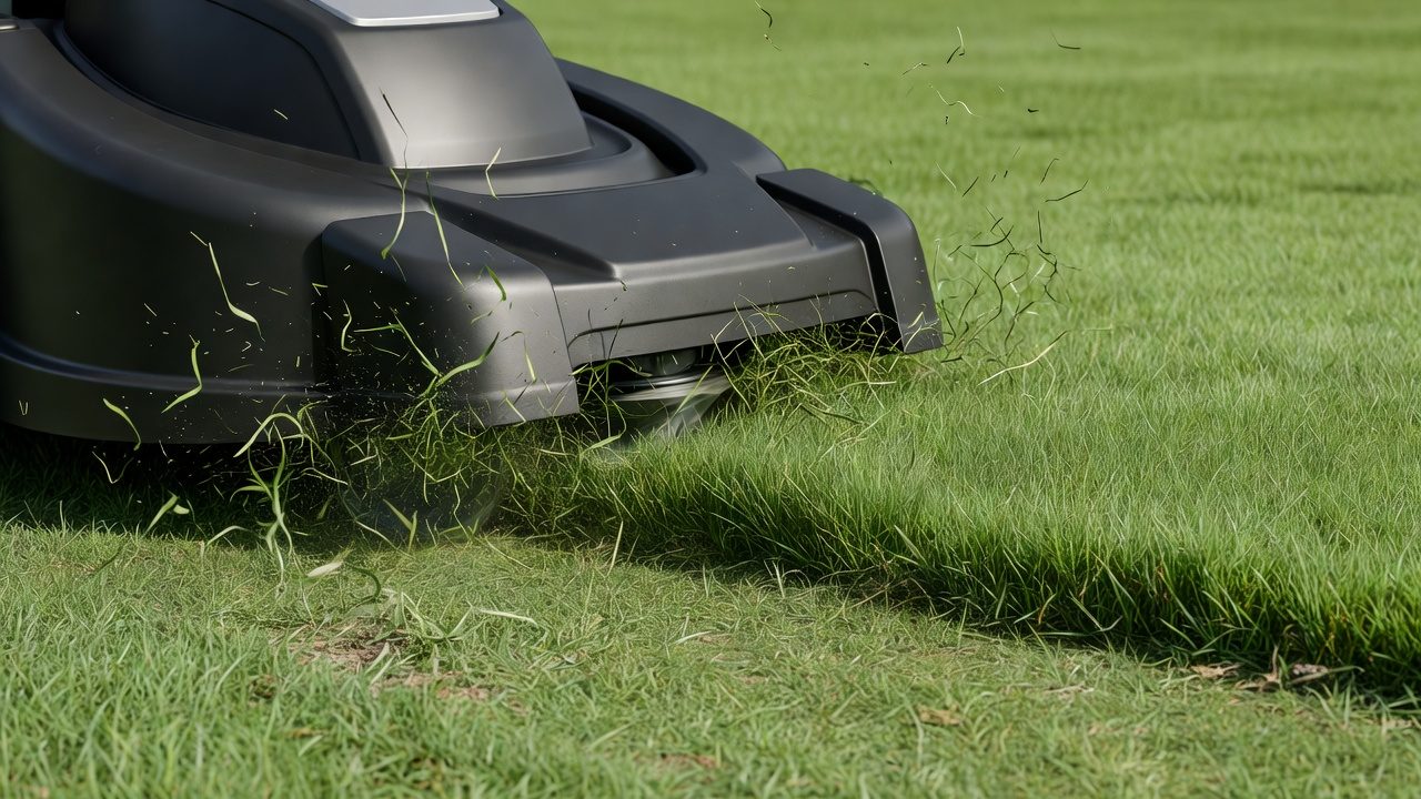 Close-up of a battery mower cutting grass with clippings flying beneath the deck.