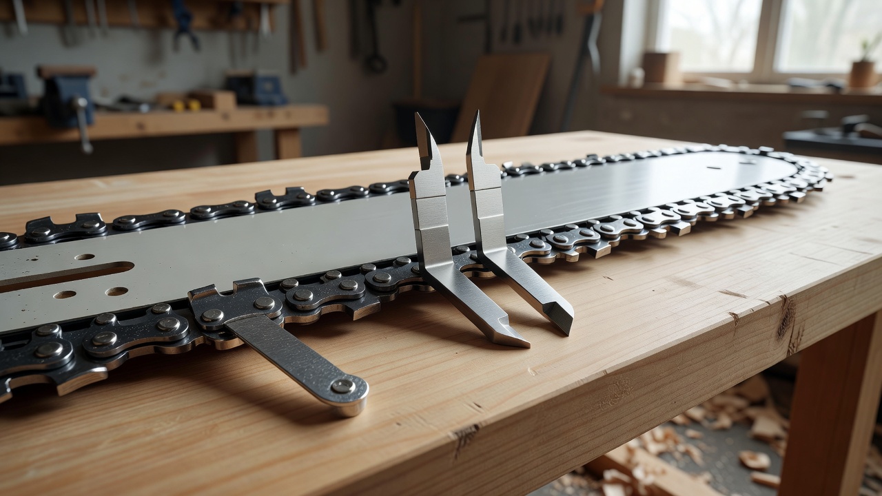 A chainsaw guide bar and chain with visual emphasis on the measurement points for gauge, pitch, and drive link count.
