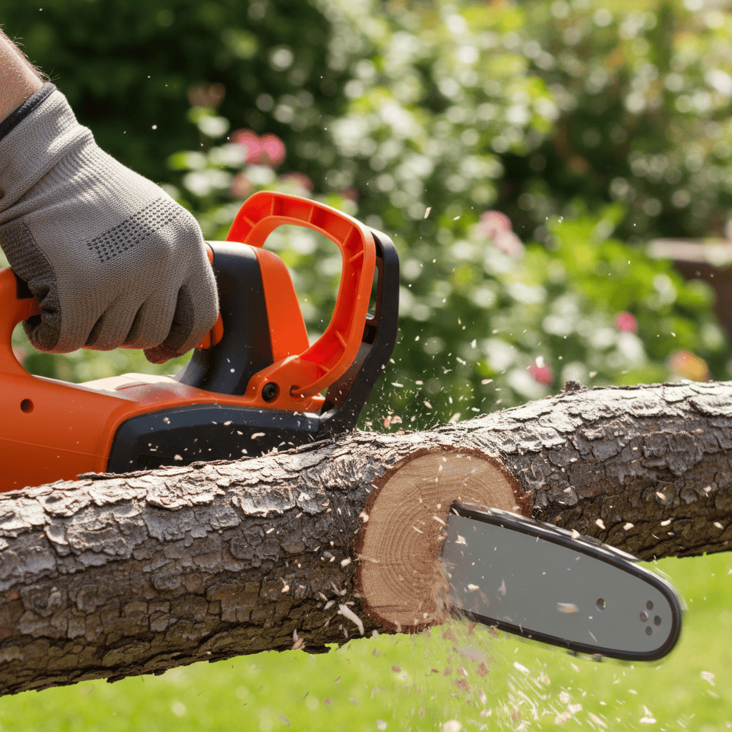 Gloved hand operating an electric chainsaw cutting through a medium-sized branch.