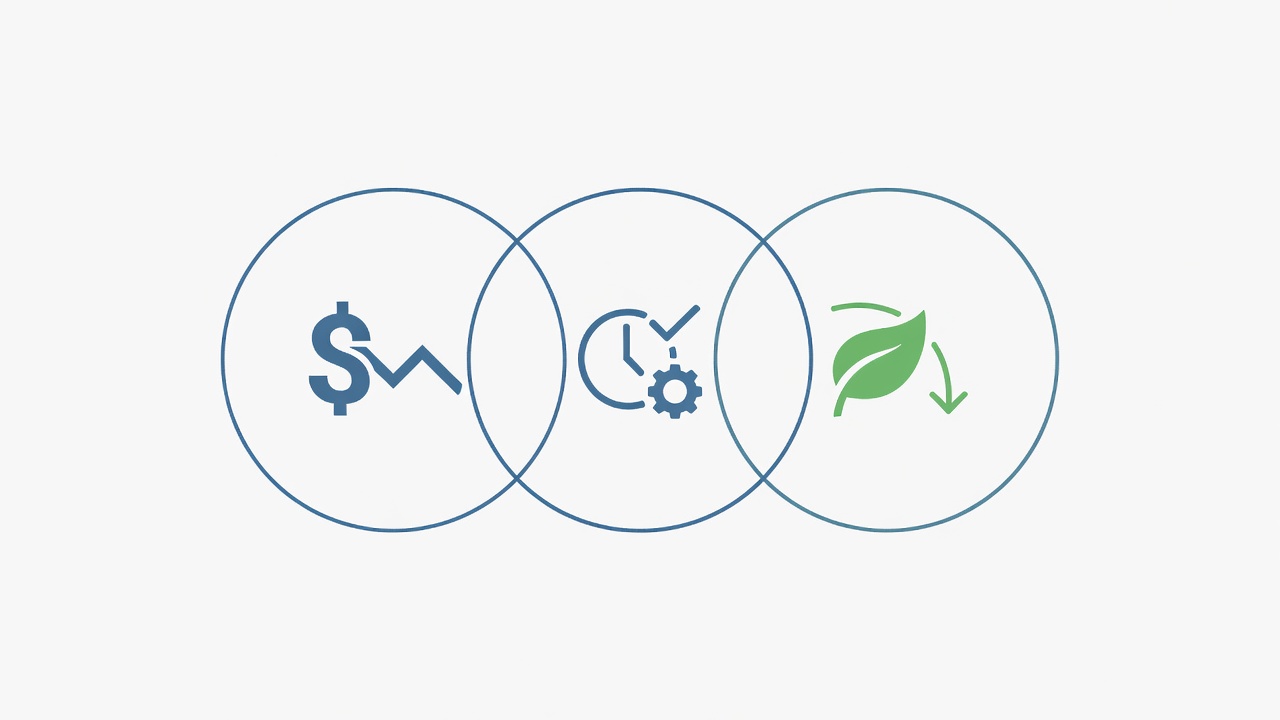 Three concept icons representing financial ROI, convenience, and environmental benefits