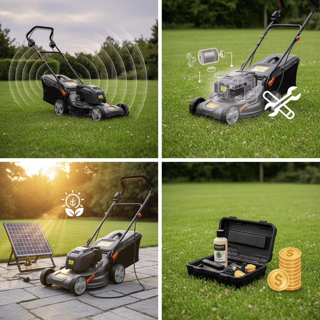 Are Electric Lawnmowers Good? A Comprehensive Buyer's Guide Visual representation of four main advantages: quiet operation, low maintenance, environmental benefits, and lower operating costs