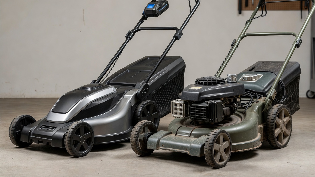 A cordless electric mower next to a gas mower showing the design differences between the two types