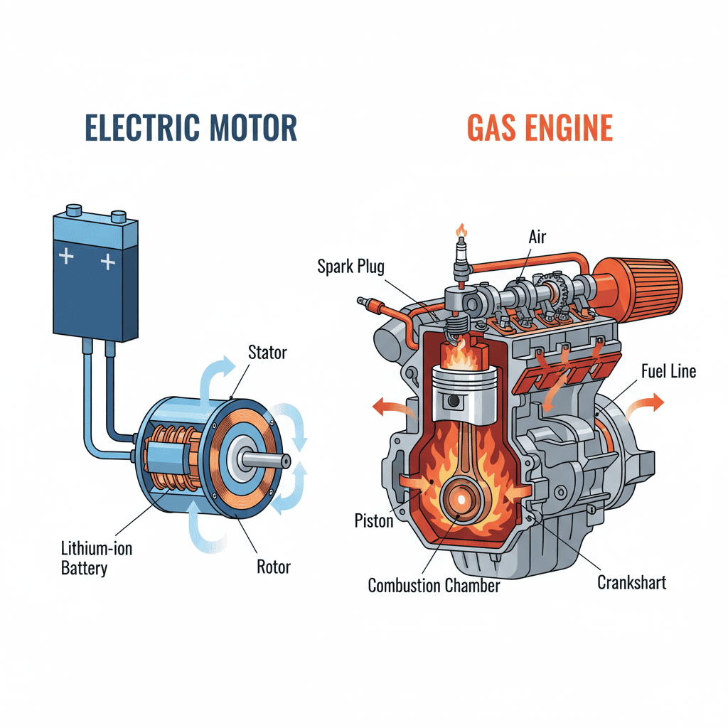 Technical comparison illustration of electric motor components versus gas engine internals
