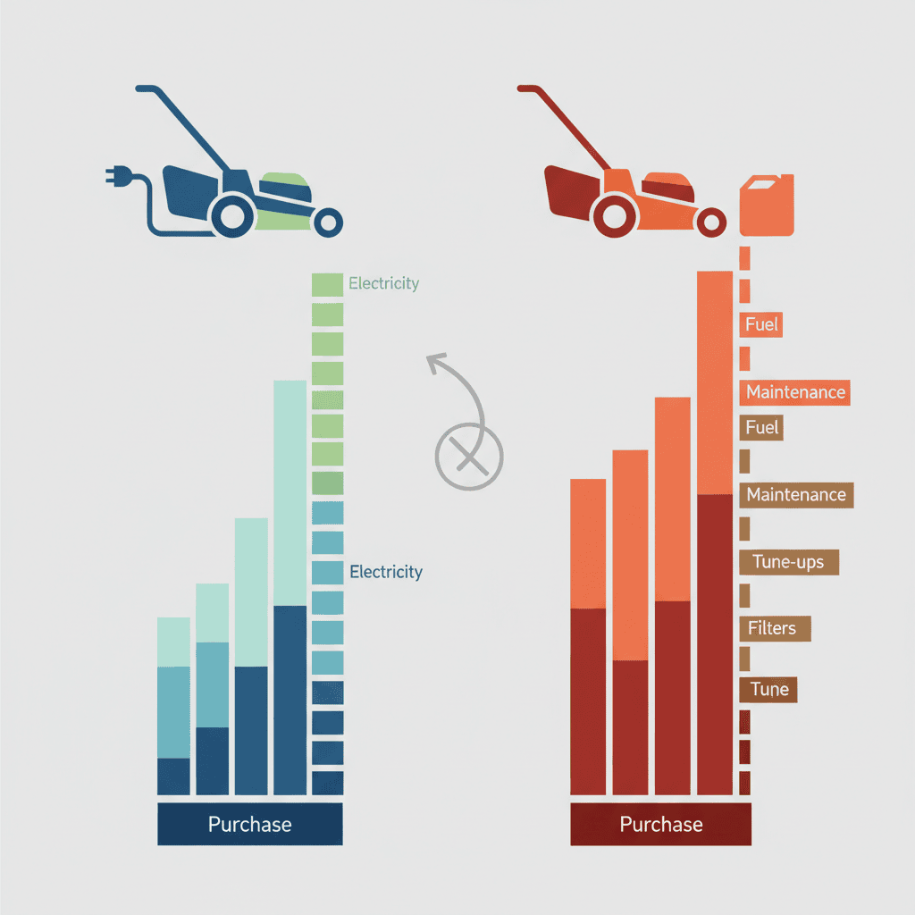 Visual cost comparison chart showing electric mower lower operating expenses versus gas mower maintenance costs over time