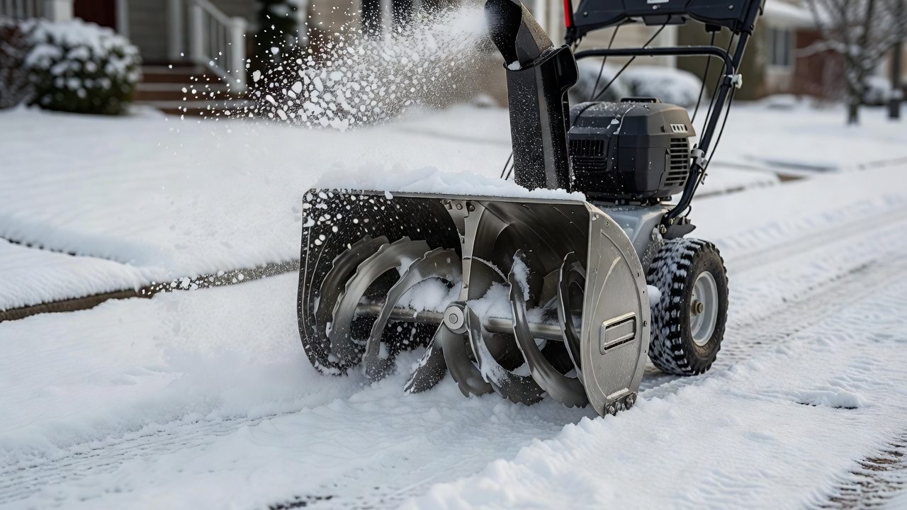 Are Electric Snow Throwers Any Good? What You Need to Know Electric snow thrower auger in action, throwing light snow from a residential sidewalk.