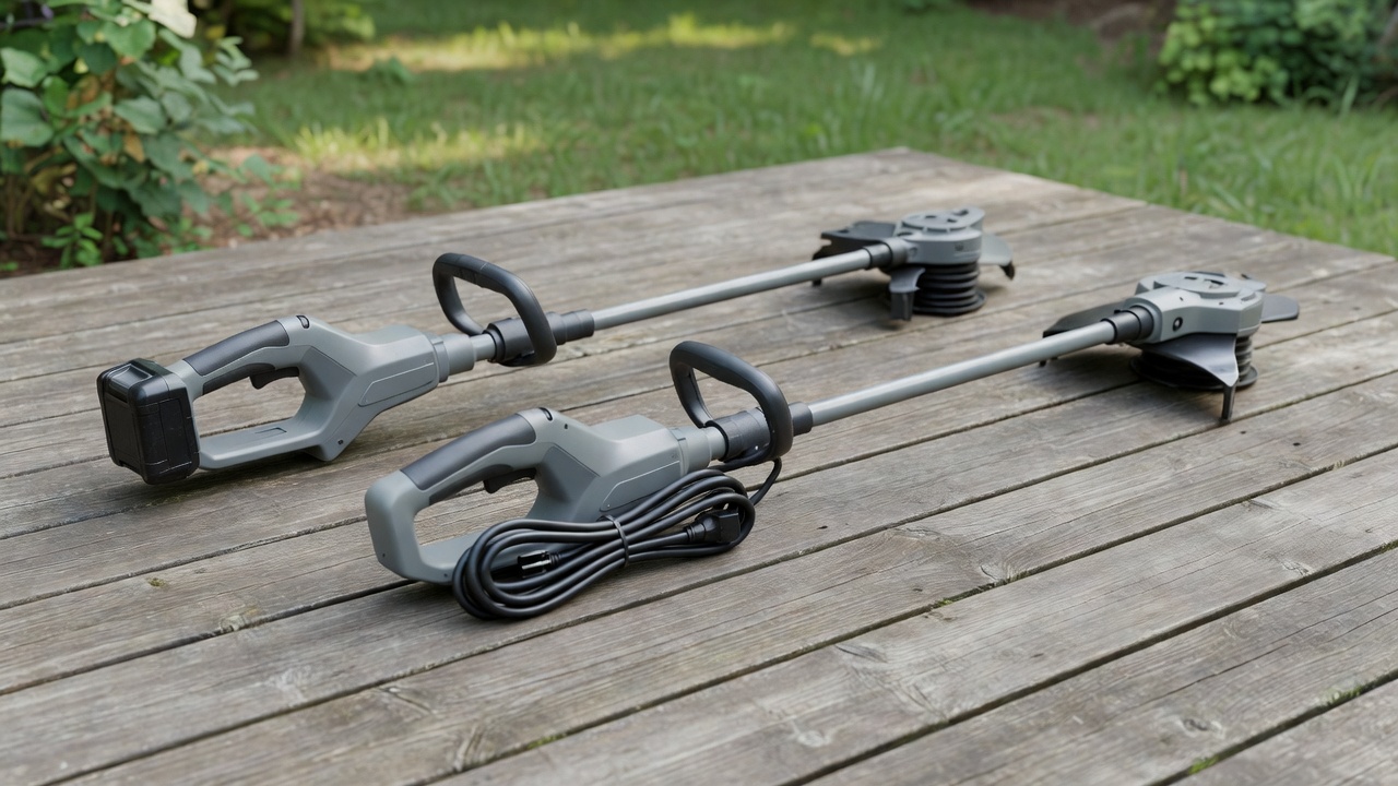 Cordless battery trimmer and corded electric trimmer placed side by side on a deck