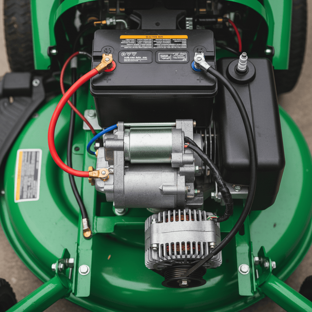 A 12-volt battery wired into a riding mower's electrical system.