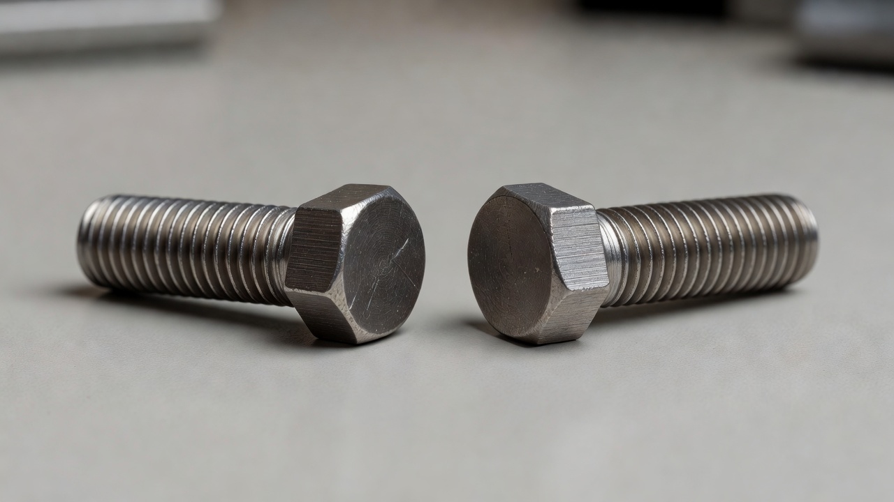 Two bolts with threads spiraling in opposite directions resting on a workbench.
