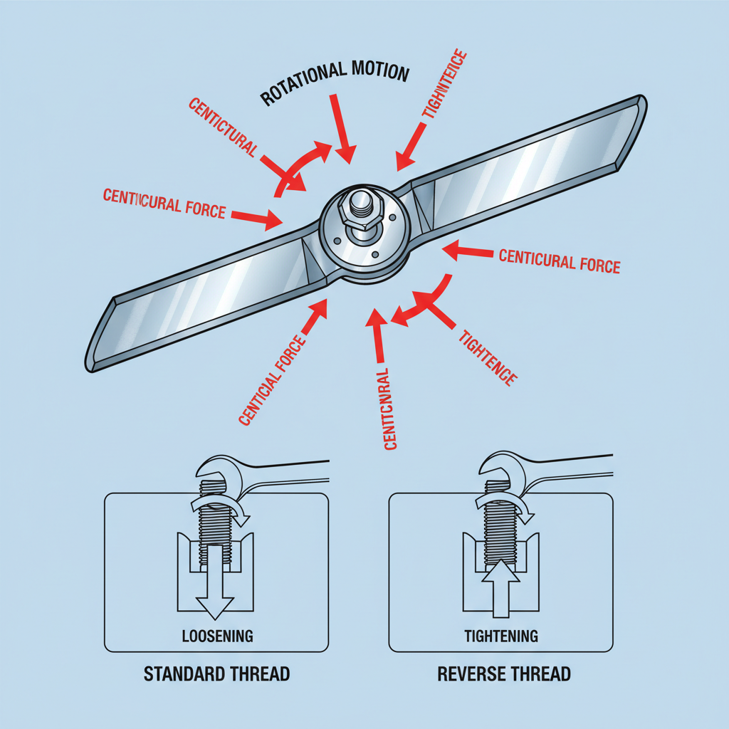 Are Lawn Mower Blade Bolts Reverse Threaded? A Complete Guide to Safe Removal Diagram showing how blade rotation creates loosening forces on standard bolts and tightening forces on reverse-threaded bolts
