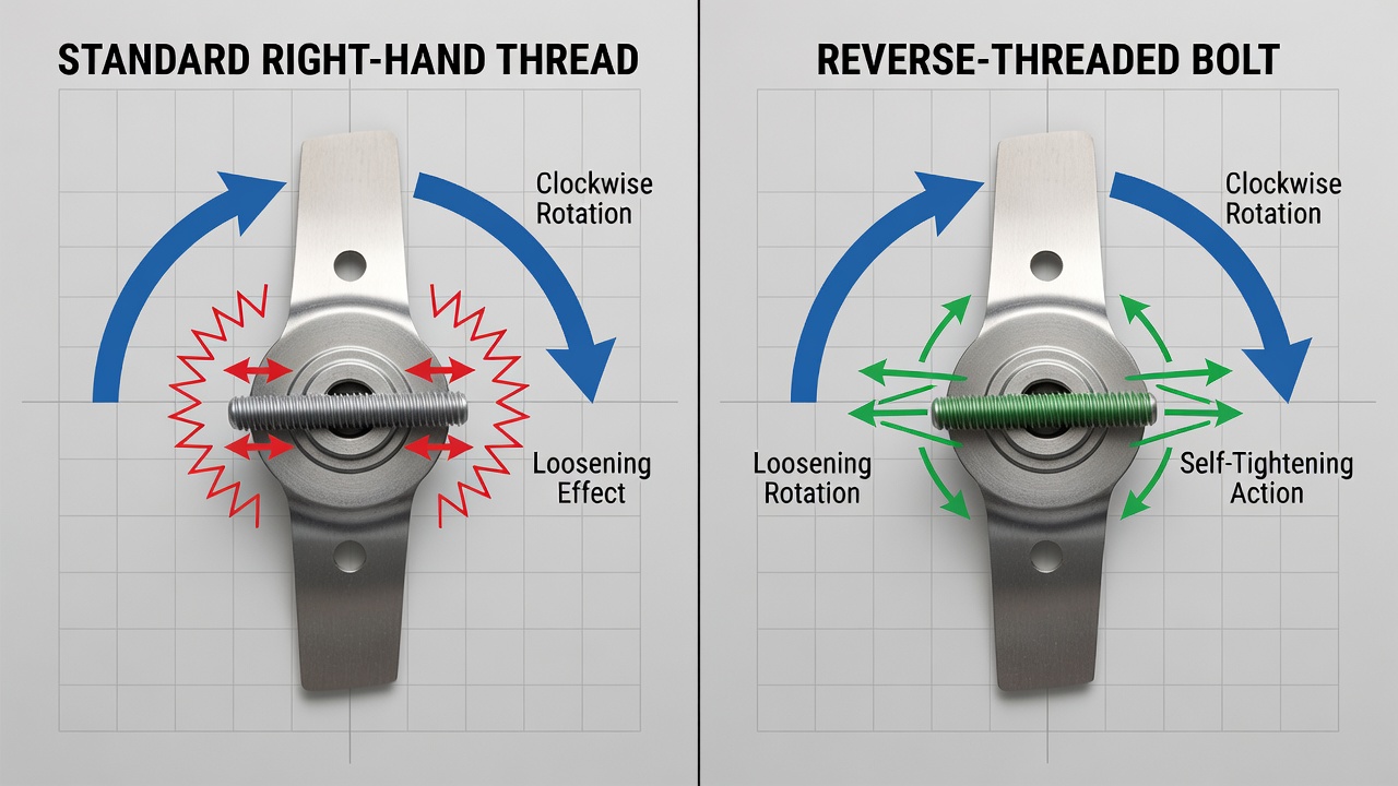 Comparison of standard vs. reverse-threaded bolts on rotating lawn mower blade
