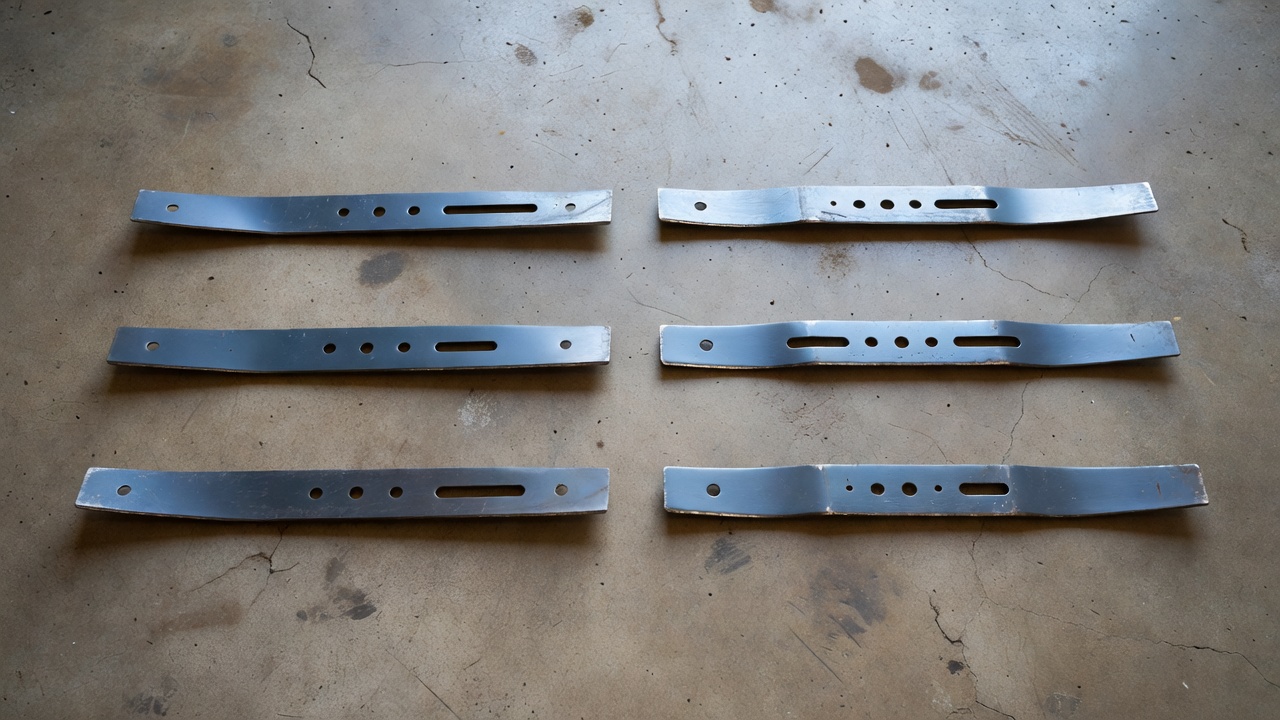 Four lawn mower blades arranged overhead on a concrete floor showing visible differences in shape and center hole configuration