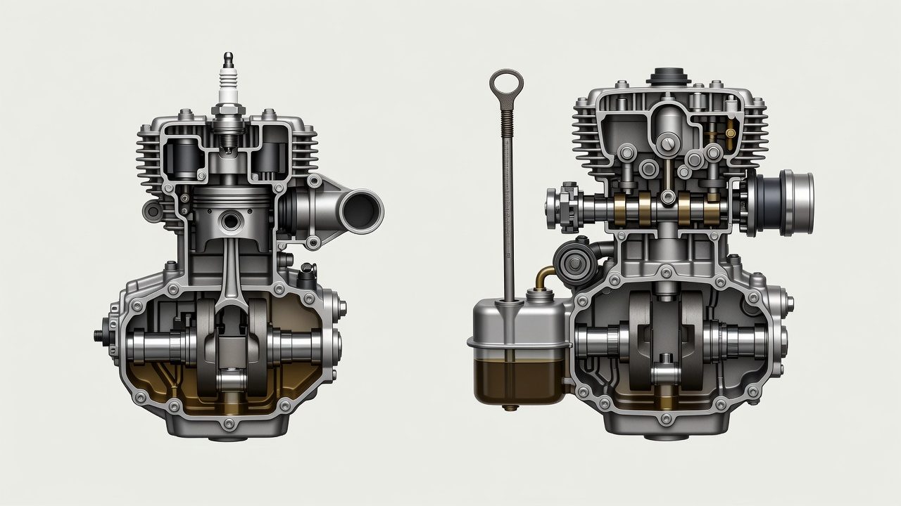 A side-by-side cutaway view of a 2-stroke and a 4-stroke small engine, highlighting their different lubrication systems.