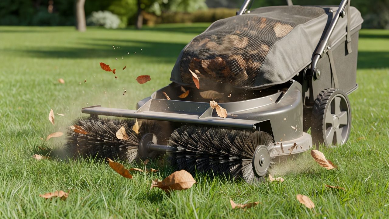 Close-up of a lawn sweeper's rotating brushes lifting dry leaves into its collection hopper.
