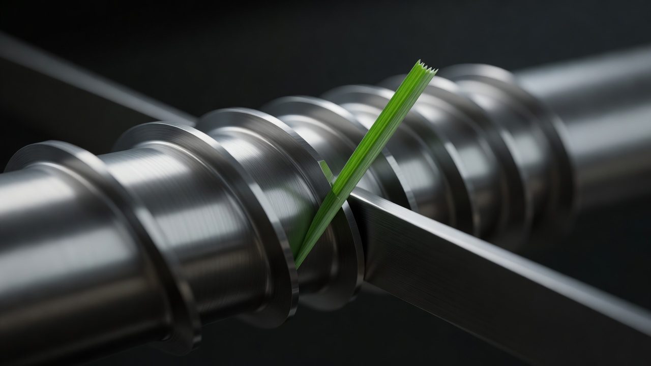 Are Reel Mowers Good? A Straightforward Answer by Lawn Type Close-up of reel mower helical blades cutting a grass blade against the bedknife