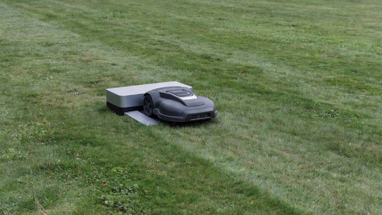 A robot lawn mower leaving a charging dock at the edge of a residential lawn