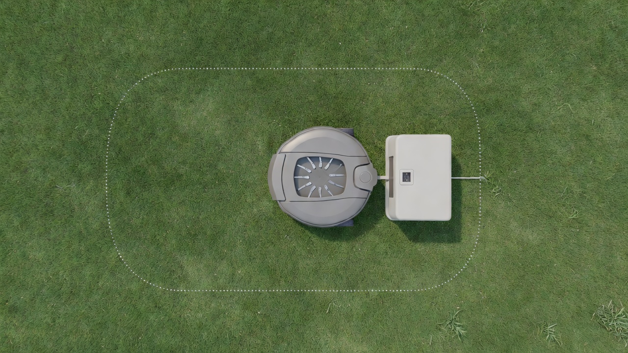 Are Robot Mowers Any Good? Pros, Cons & Who They're Best For Robot mower with charging station and boundary wire concept illustration