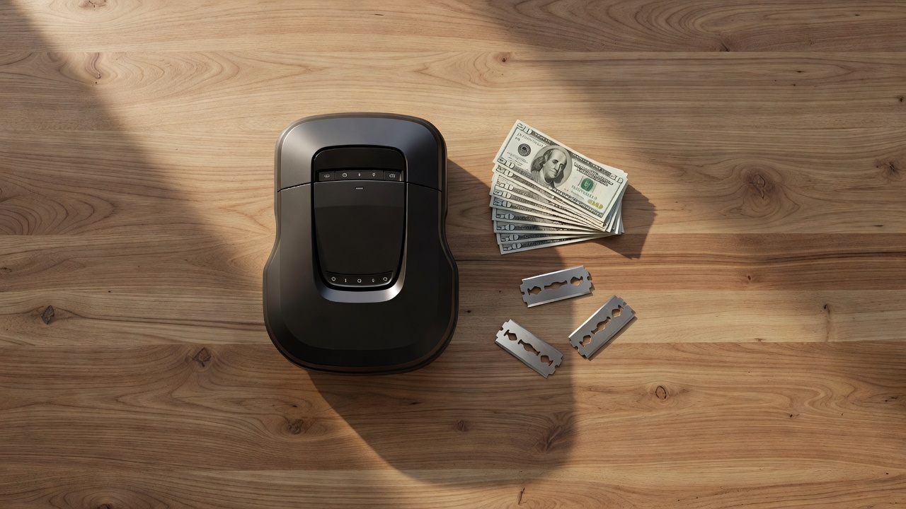Are Robot Mowers Worth It? An Honest Verdict for Every Lawn Type Robot mower next to dollar bills and replacement blades representing cost and savings
