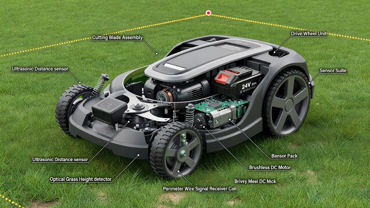 Are Robotic Lawn Mowers Any Good? Performance, Pros, Cons & Best Use Cases Cross-section view of a robotic lawn mower showing internal components including cutting blades, battery, sensors, and wheels