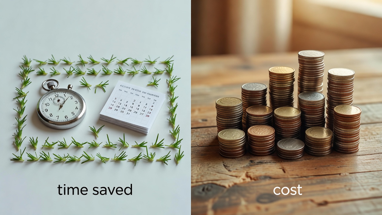 Stopwatch and coins representing time saved and cost of owning a robotic lawn mower