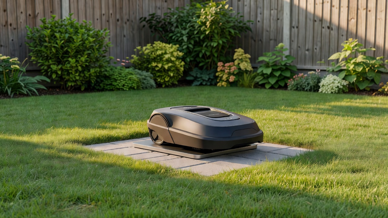 Are Robotic Mowers Worth It? A Balanced Guide for Homeowners A robotic mower aligned with its charging dock at the edge of a backyard lawn