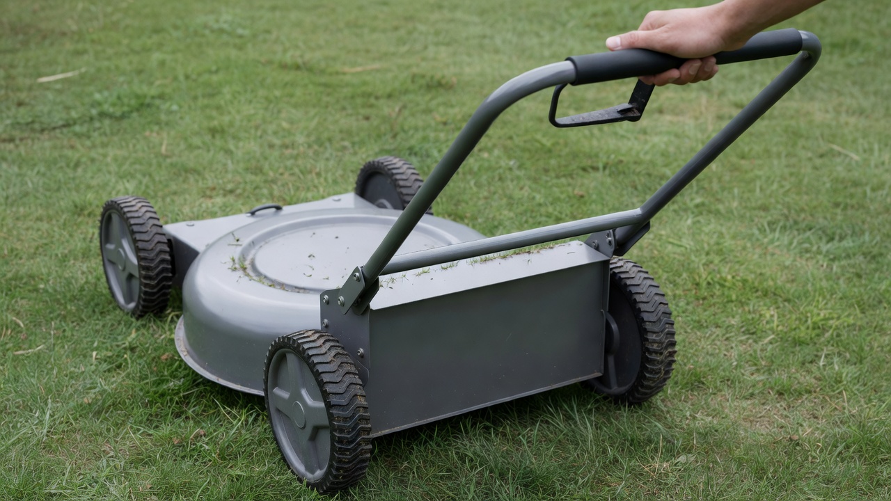 Close view of a walk-behind mower handle and driven rear wheels on grass