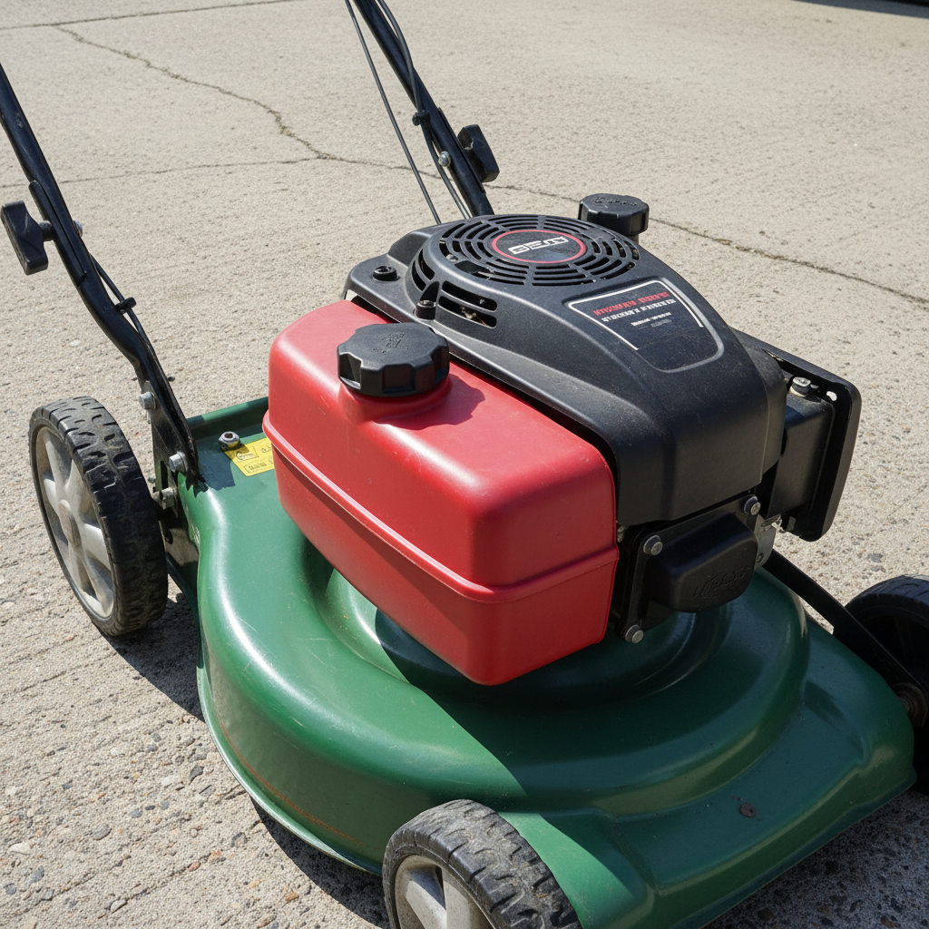 Can a Lawn Mower Explode? A gasoline walk-behind mower on a driveway with its closed fuel tank and cap in view