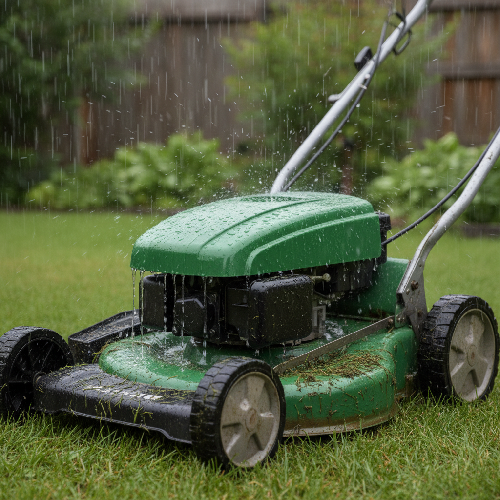 Rainwater running off a mower deck toward openings and wet clippings