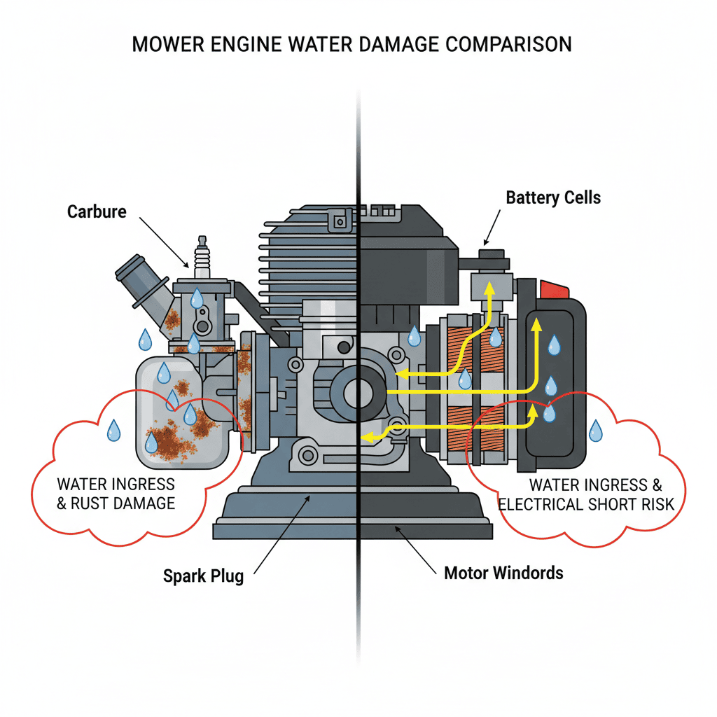 Cutaway technical diagram showing how water damages gas engine components versus electric motor systems