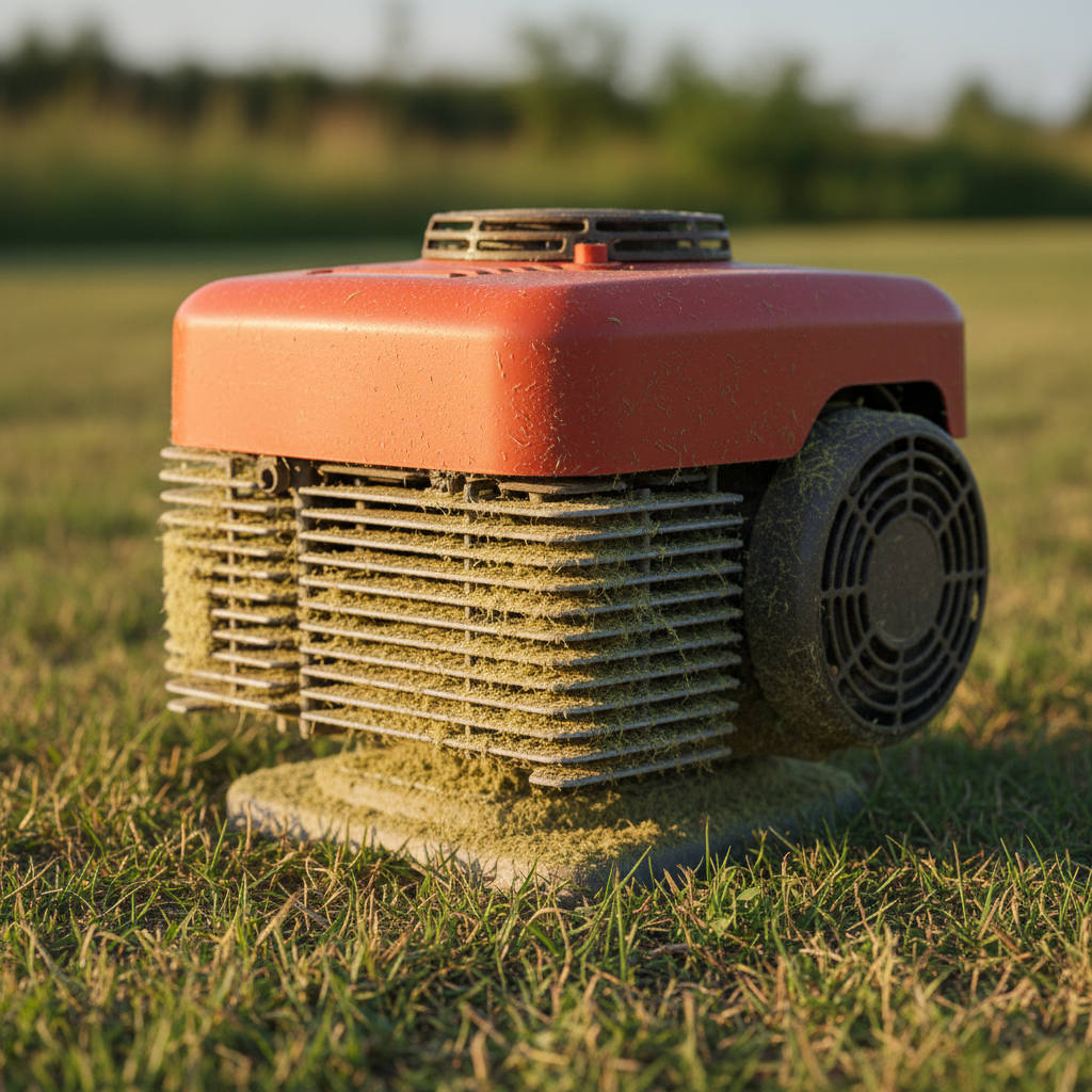 Close view of a gas mower engine with grass debris around the cooling fins and shroud