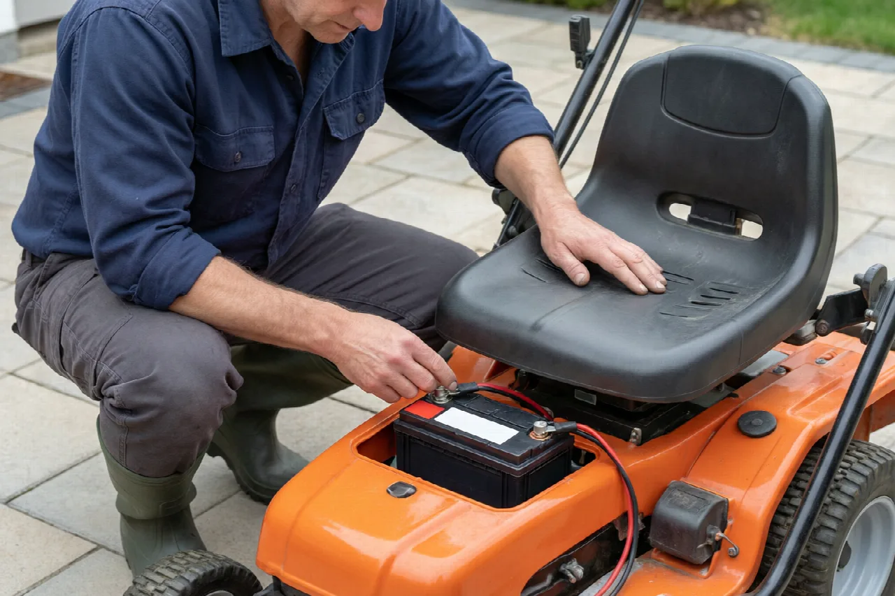 Person lifting a riding-mower seat to inspect a small starting battery