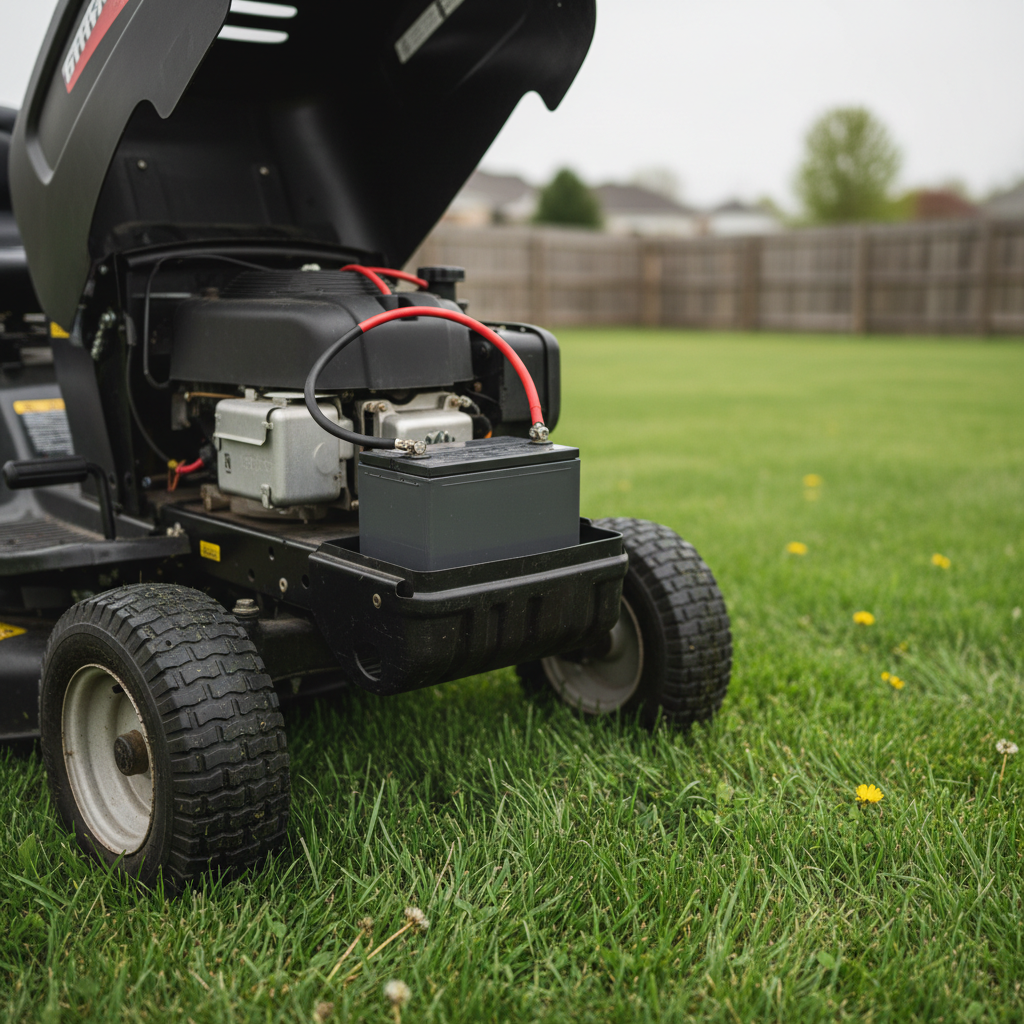 Riding mower with its small starter battery visible under an open seat