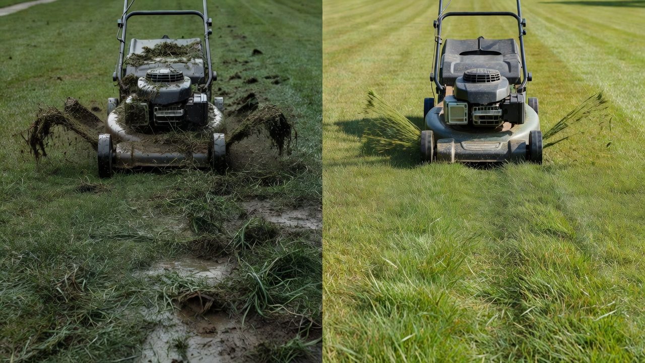 Side-by-side comparison of mowing wet versus dry grass, showing the difference in cut quality and clipping discharge