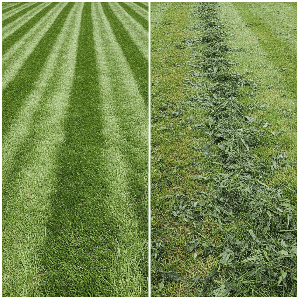 A split-screen comparison showing a cleanly mowed lawn versus a lawn mowed while wet, with clumps and an uneven cut.