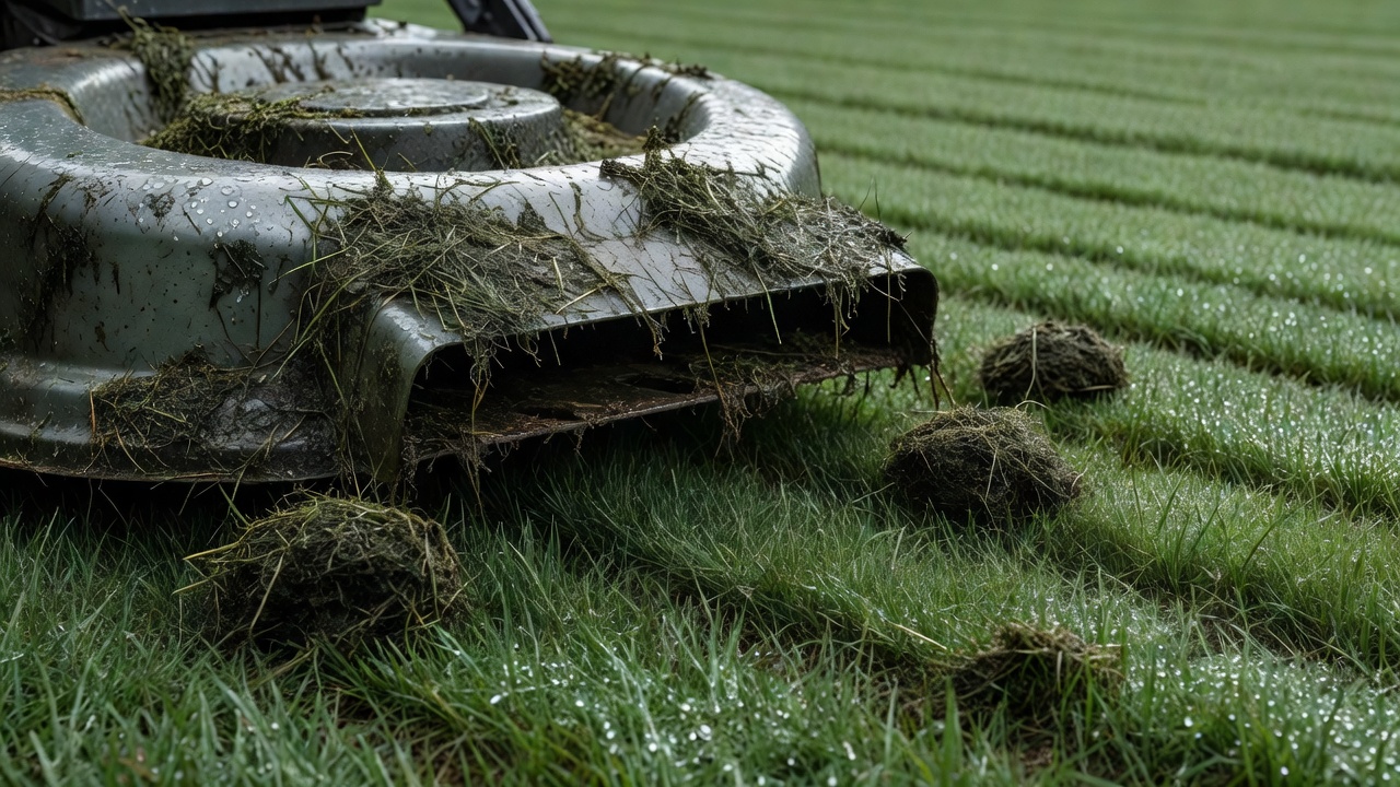 Wet grass clippings clumped and stuck to the underside of a mower deck.