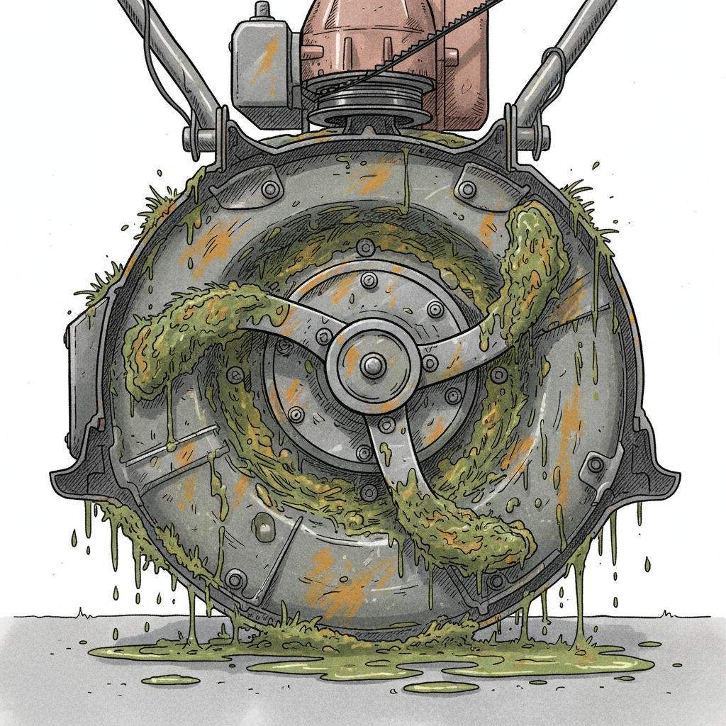 Mower deck interior with wet grass buildup and rust formation on metal components