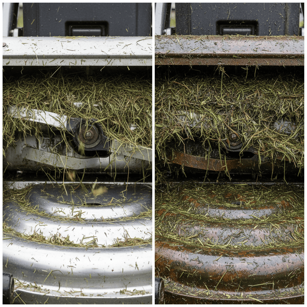 Before and after comparison of a mower deck: clean and efficient on dry conditions versus clogged and rusty from wet grass clippings