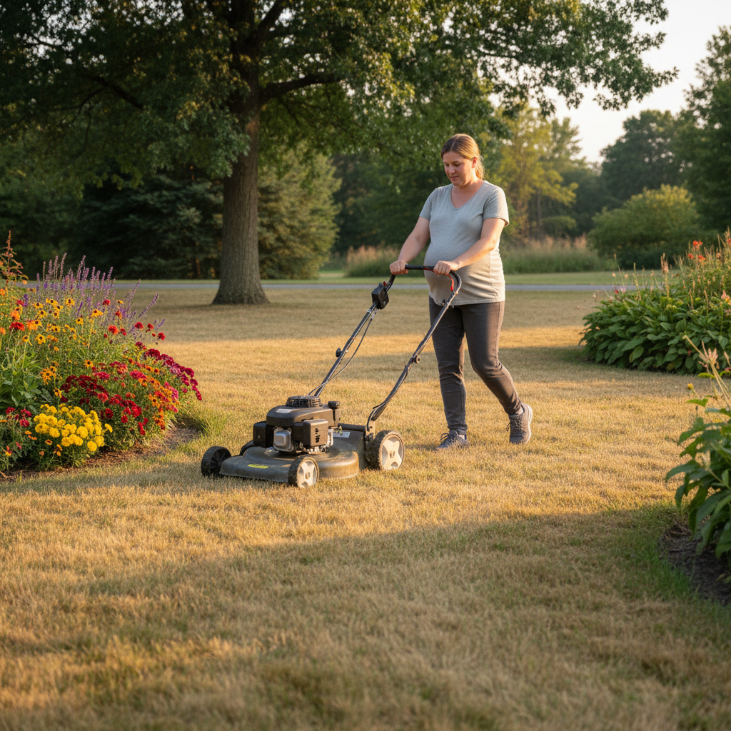 Pregnant person carefully turning a walk-behind mower on dry, even grass.