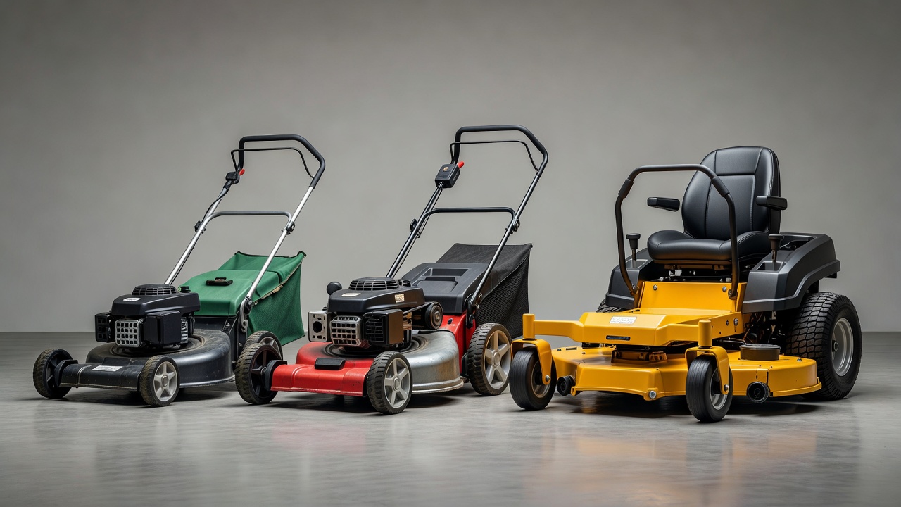 Three different styles of lawn mowers arranged in a studio setting for comparison.