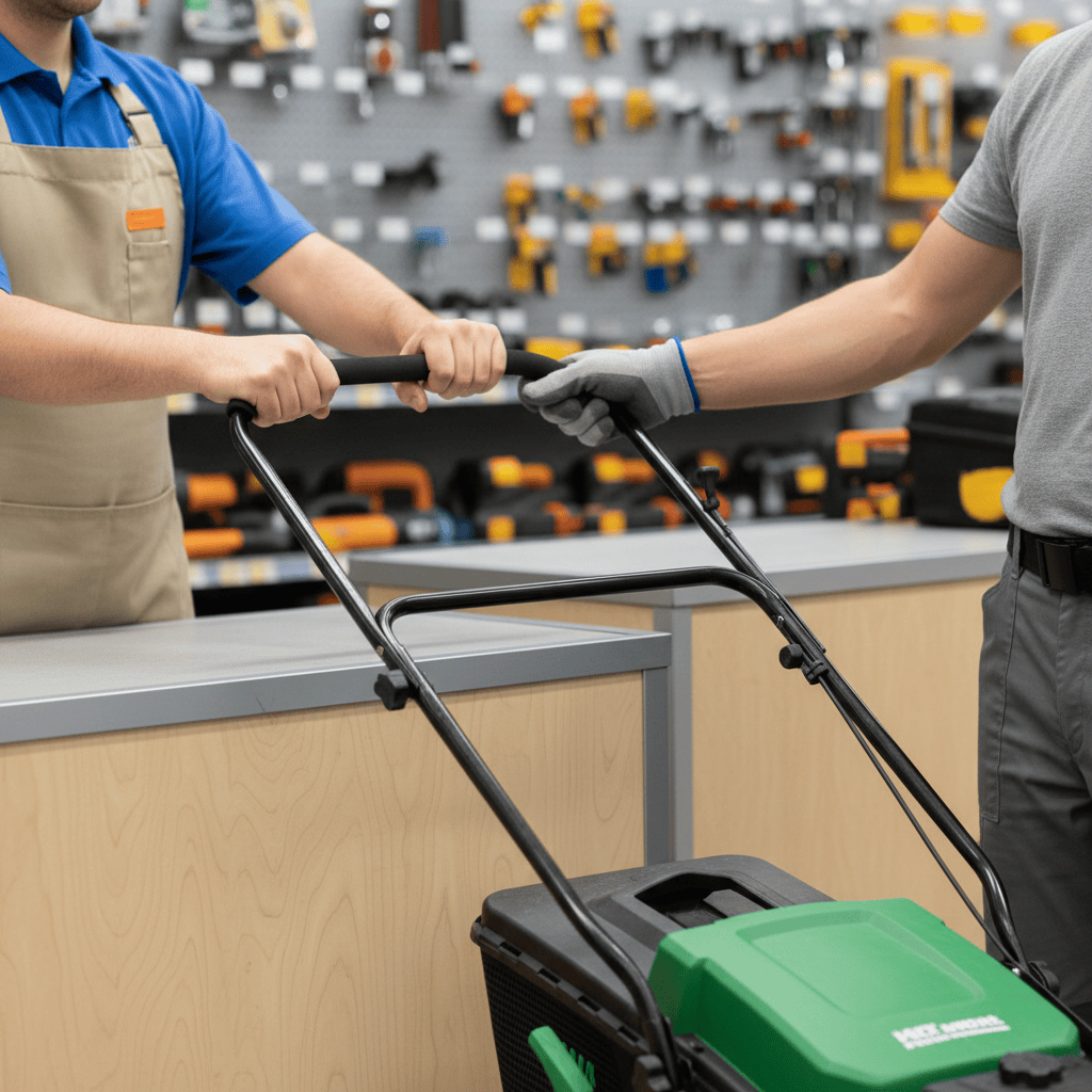 Customer receiving a walk-behind lawn mower at a tool rental counter