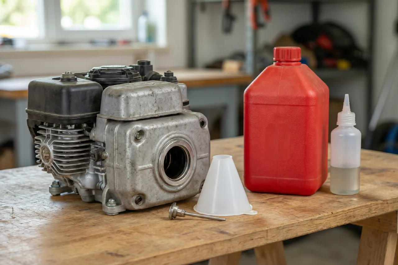 Can I Use 5W-30 in My Lawn Mower? Workbench with a mower engine and dipstick on one side and a fuel can with a small oil bottle on the other.