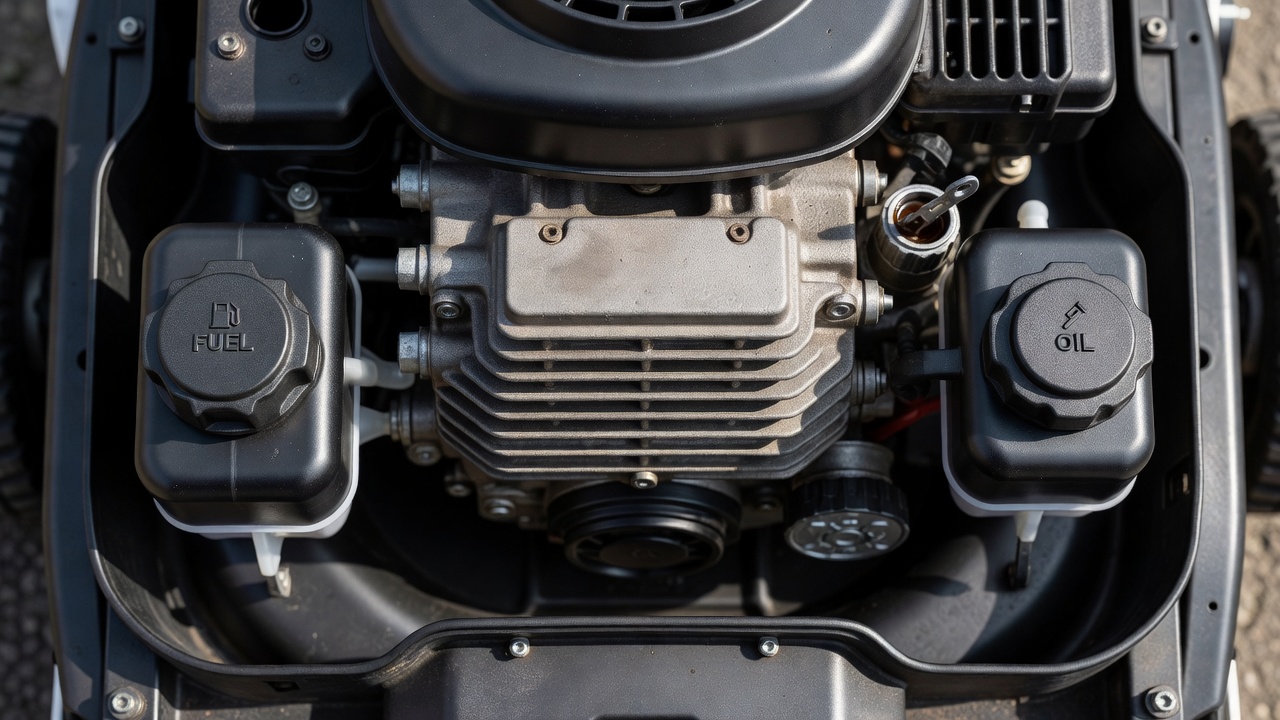 Lawn mower engine showing separate fuel and oil reservoirs indicating a four-stroke engine