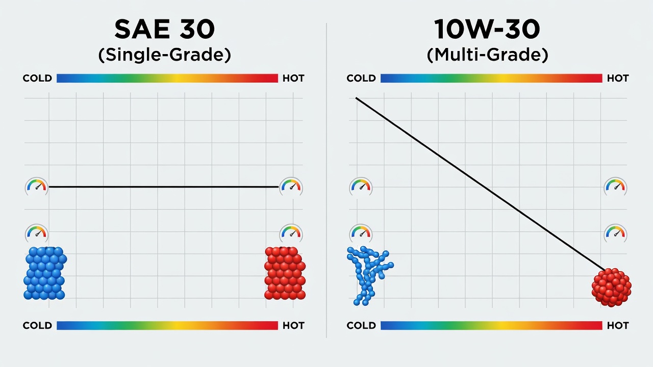 Visual comparison of single-grade versus multi-grade oil viscosity behavior at different temperatures